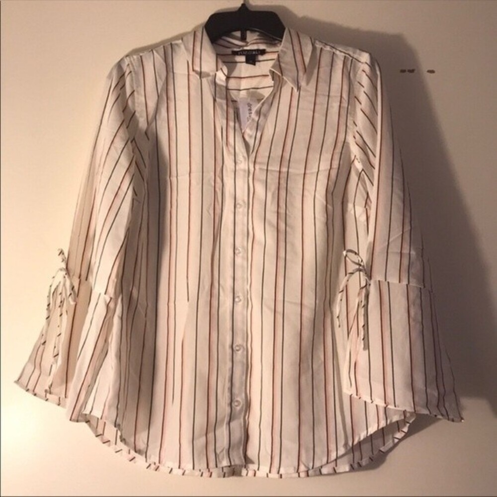 Roz & Ali Bell Sleeve Striped Button Down Blouse White / Black Pink Size M